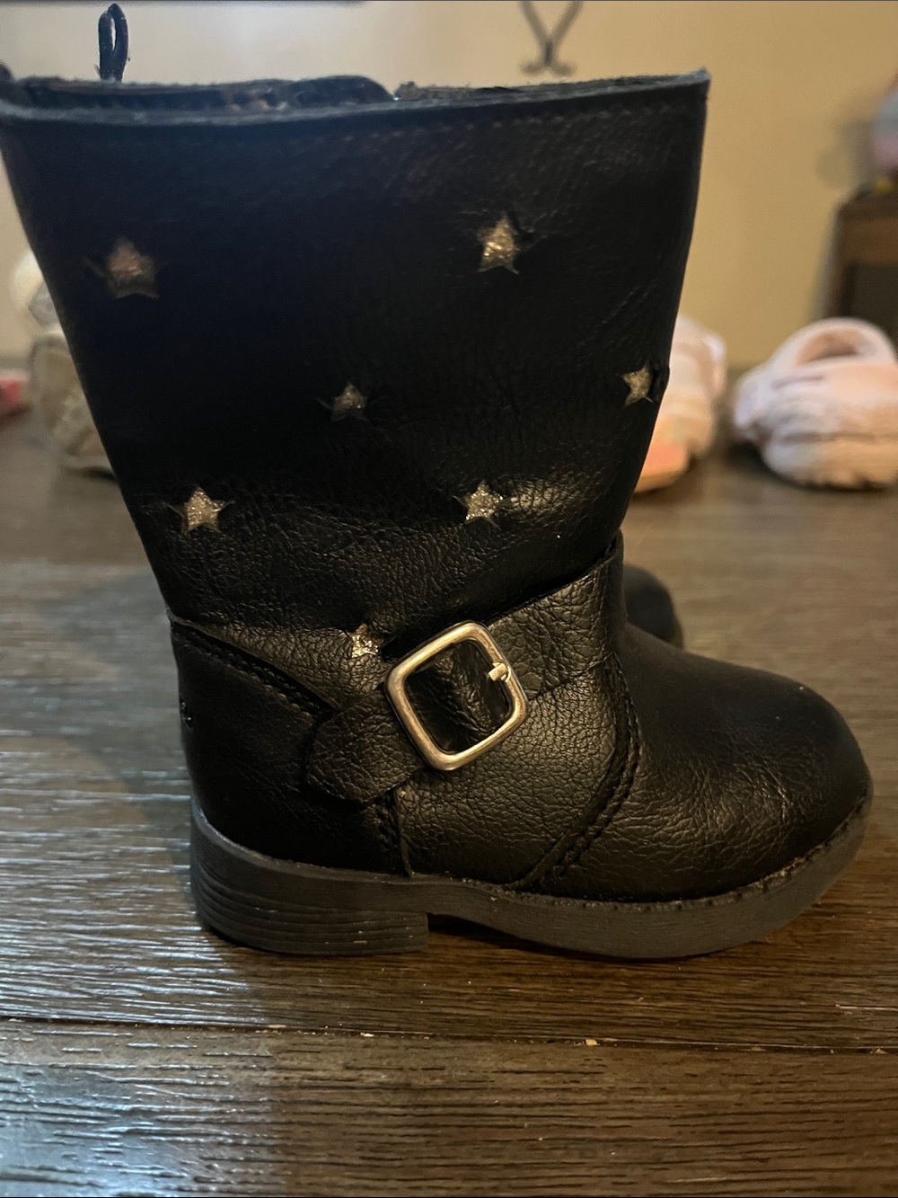 Black Kids Star Accent Buckle Ankle Boots